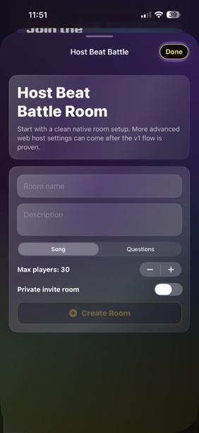 TrackDrop host Beat Battle room setup screen