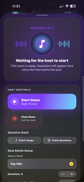 TrackDrop Beat Battle waiting room and host controls