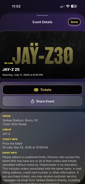 TrackDrop event details and tickets screen