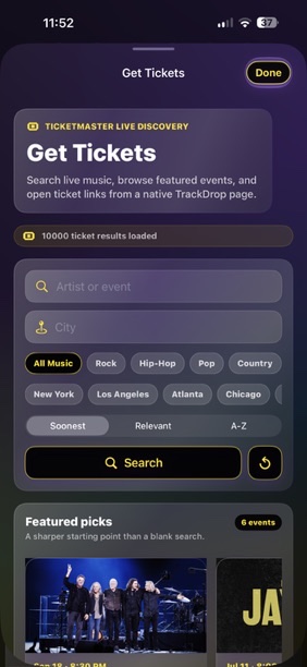 TrackDrop get tickets search screen