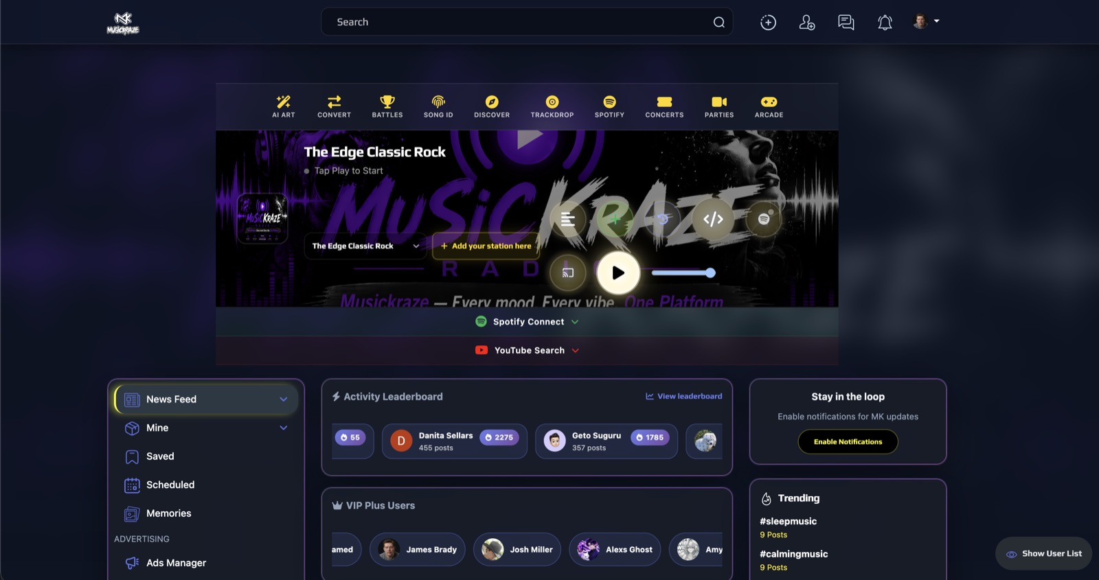 MusicKraze homepage showing radio, activity leaderboard, news feed, and community music tools