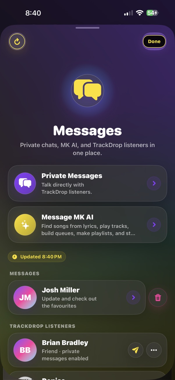 TrackDrop messages and MK AI screen
