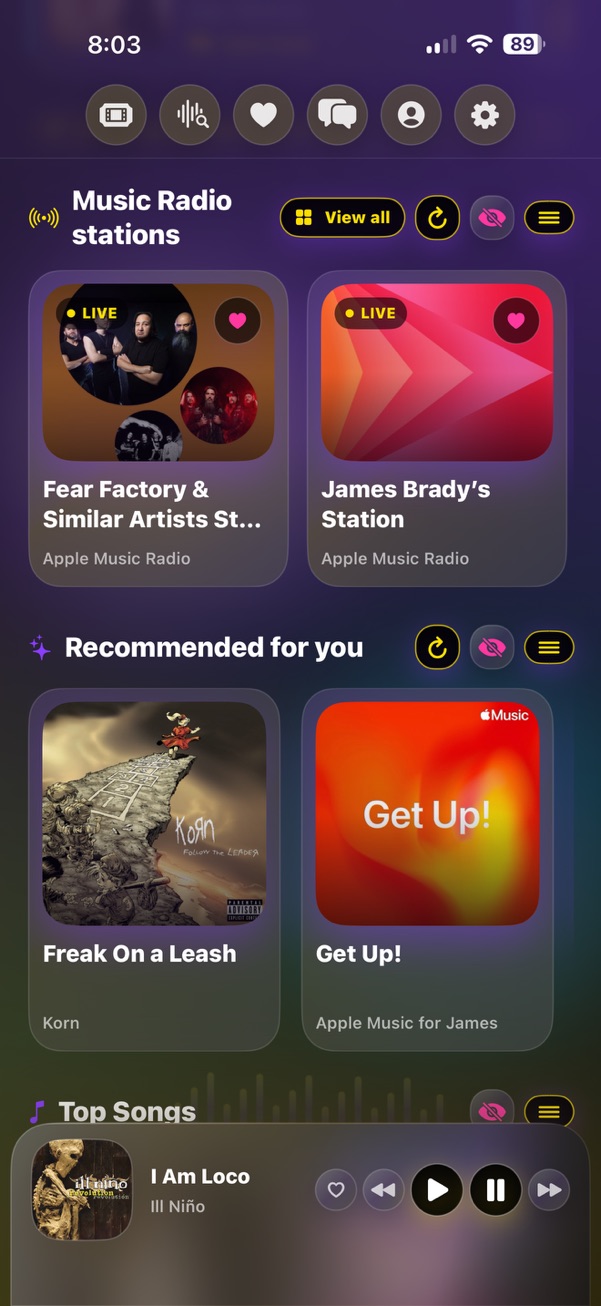 TrackDrop radio and recommendations screen