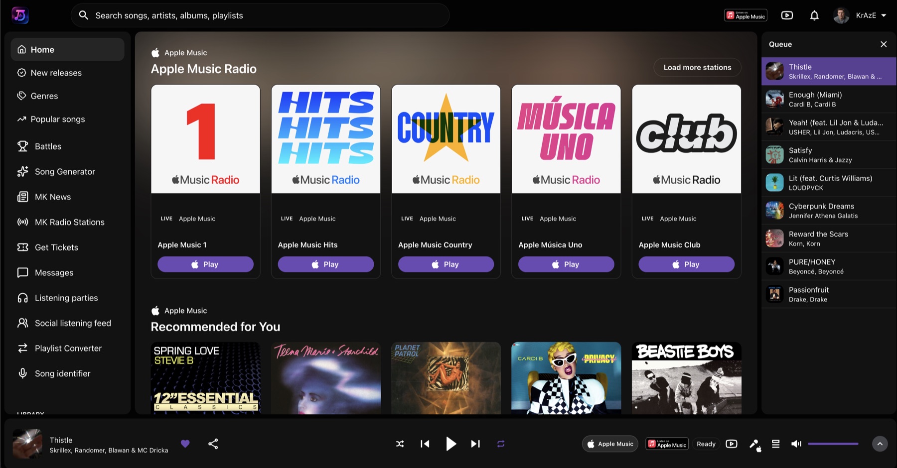 TrackDrop web app showing Apple Music Radio, queue, navigation, and playback controls